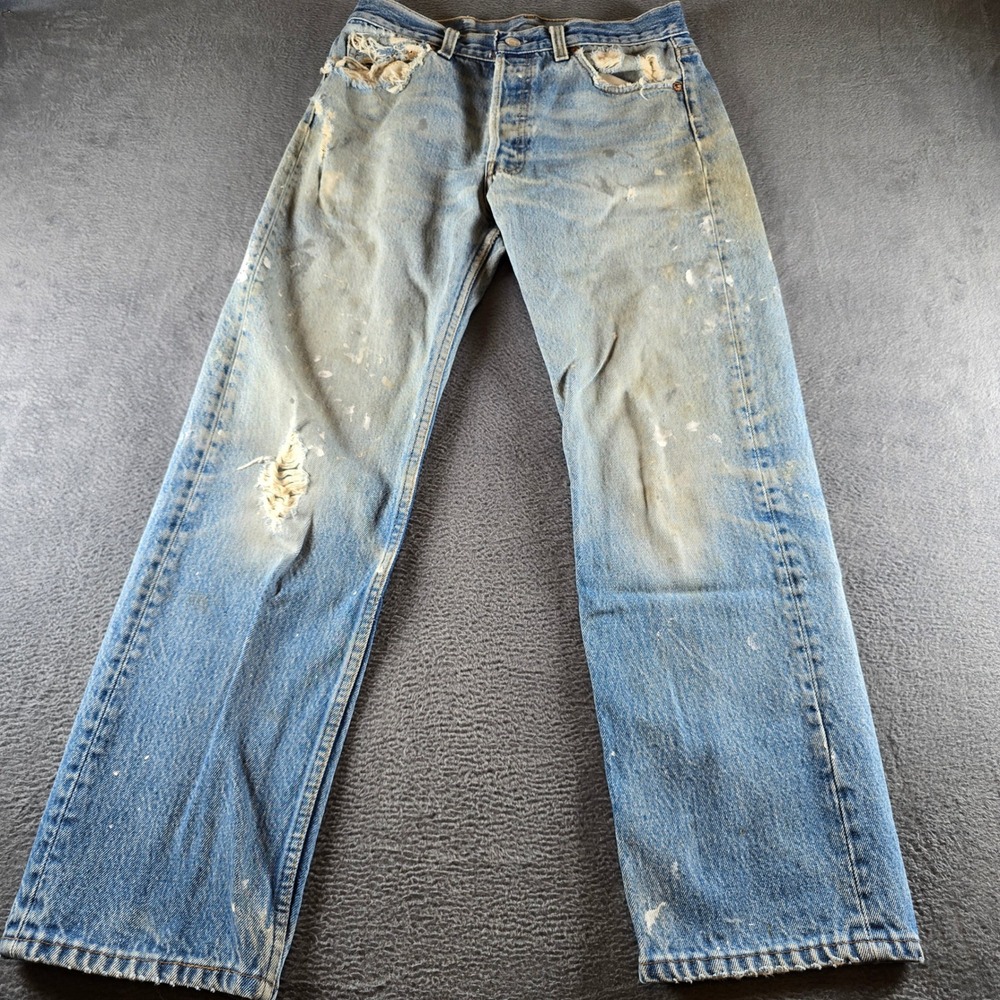 Vintage Levis 501 Distressed Paint Splatter Blue Denim Jeans 30x30 Button Fly